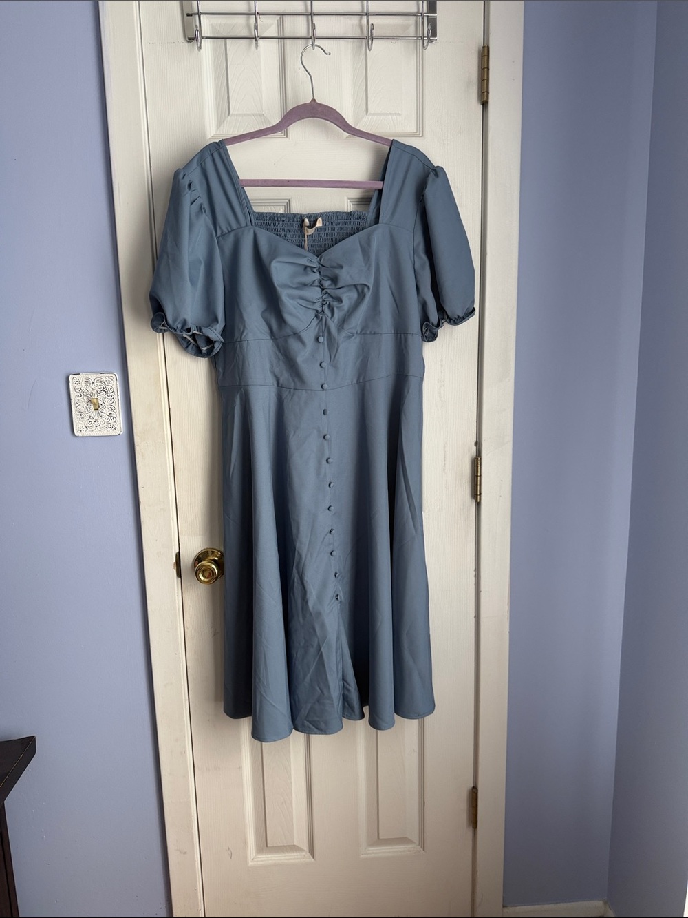 Blue Sweetheart Midi Dress with Puff Sleeves